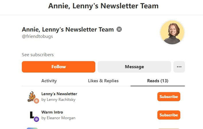 Substack Recommendations推荐机制实例截图：用户Reads页面推荐Lenny's Newsletter等账号
