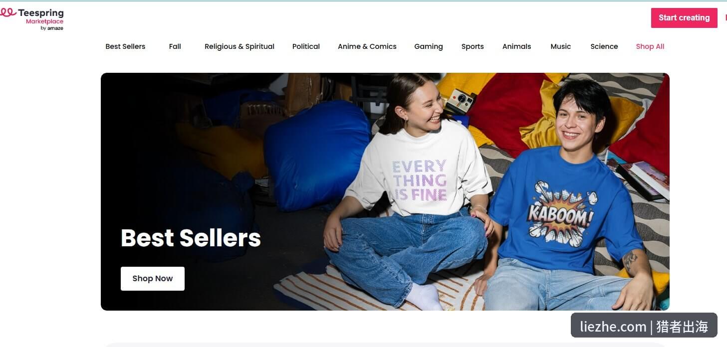 Teespring Marketplace主页Best Sellers畅销榜界面