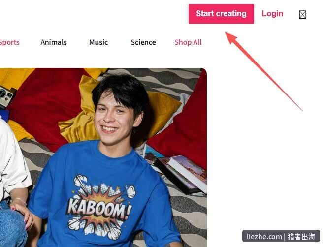 Teespring官网右上角Start creating开始注册按钮位置