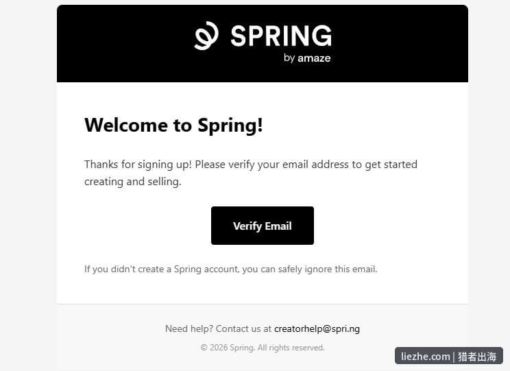 Teespring注册后收到的Welcome to Spring欢迎验证邮件