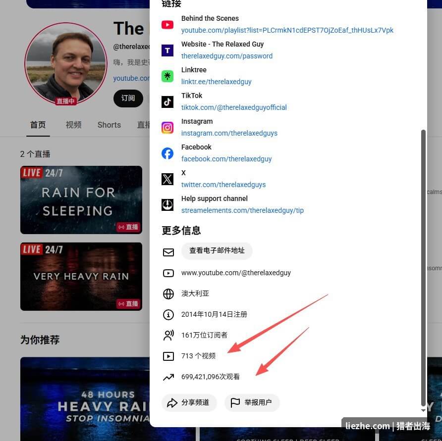 The Relaxed Guy频道详细数据:713个视频累计6.99亿次观看