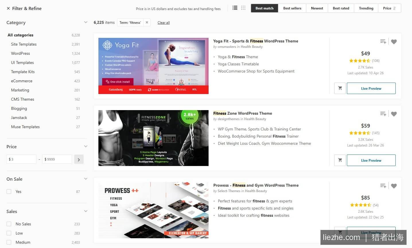 ThemeForest搜索fitness健身主题的市场赛道数据