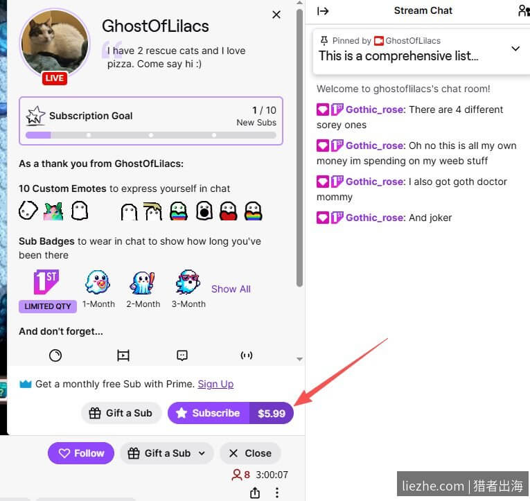 Twitch订阅页面实际截图,Tier 1订阅费599美金每月