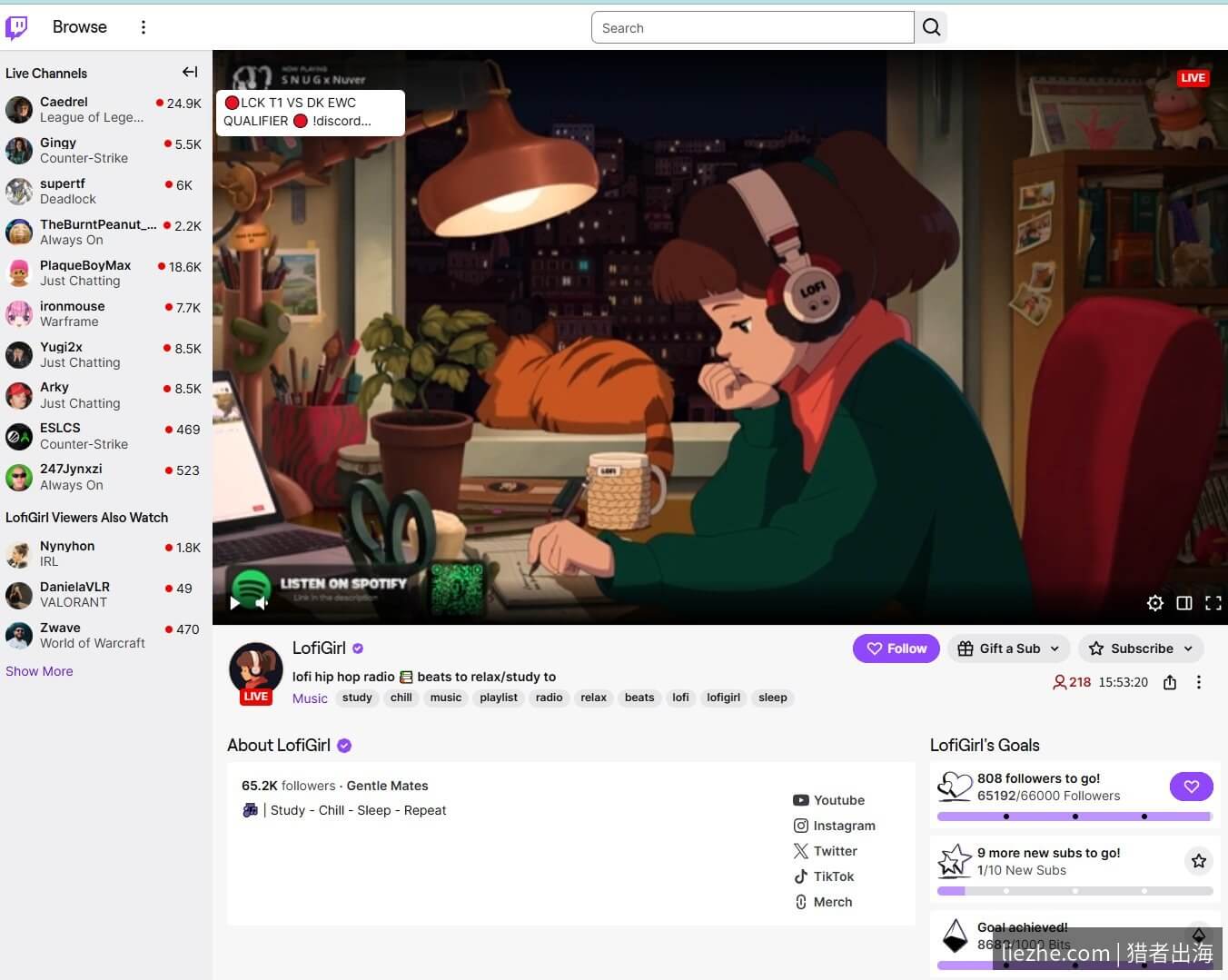 Twitch上LofiGirl无人直播频道实际页面,24小时音乐电台模式