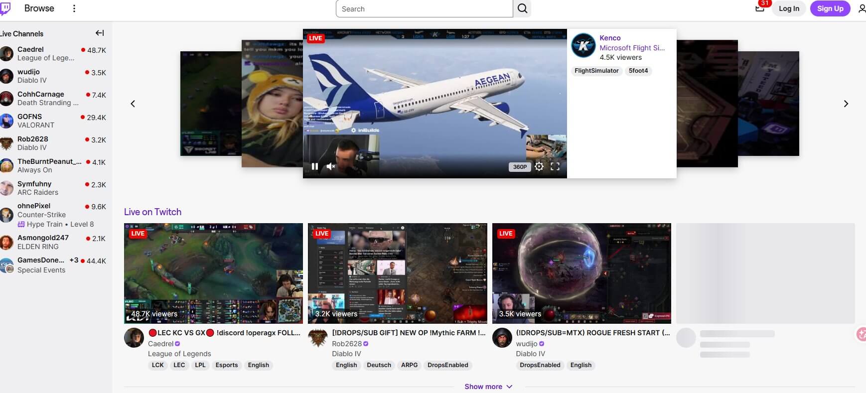 Twitch直播平台首页游戏直播频道展示