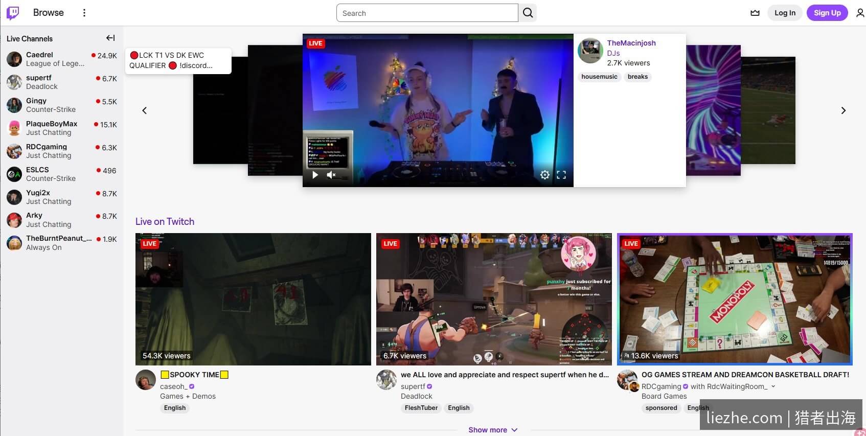 Twitch首页直播分类页面截图,显示活跃主播和热门内容