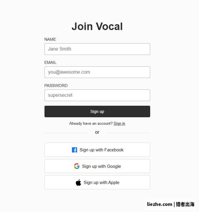Vocal Media的Join注册表单和第三方账号登录