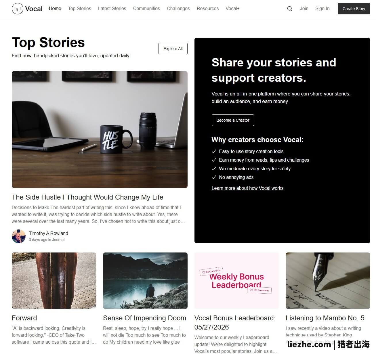 Vocal Media首页Top Stories和社区分类