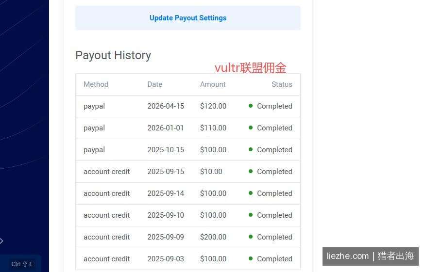 Vultr联盟佣金收款记录独立站SEO海外赚钱真实数据