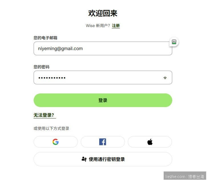 Wise登录界面输入邮箱和密码