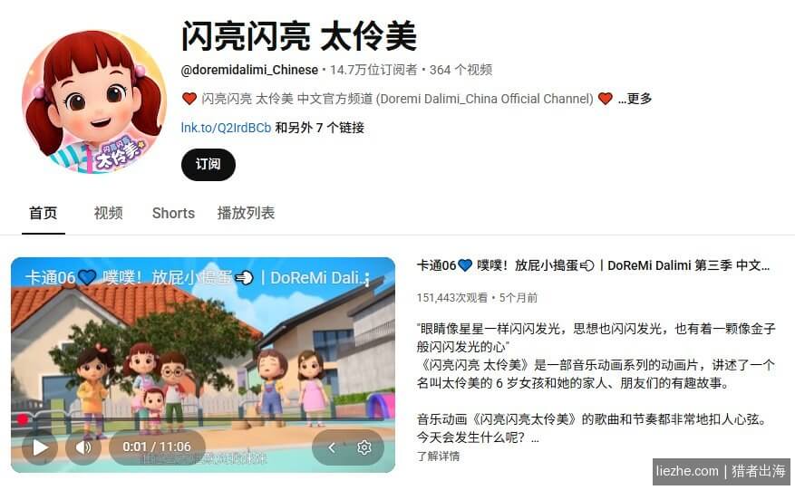YouTube闪亮闪亮太伶美频道:儿童动画赛道,14.7万订阅,单条15万播放