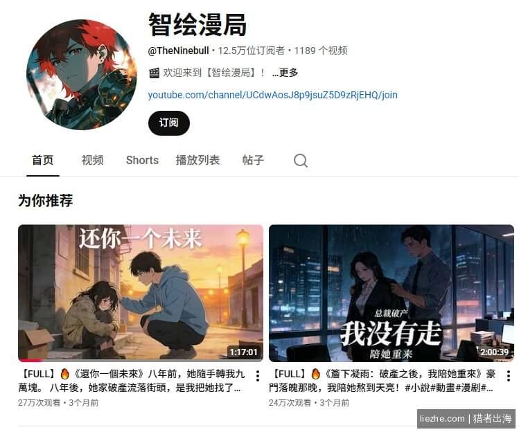 YouTube智绘漫局频道:AI漫画故事赛道,12.5万订阅,单条视频24-27万播放