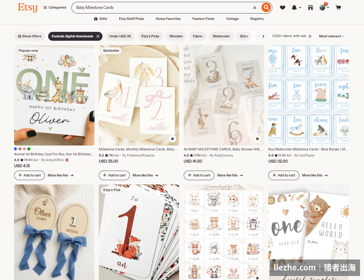 Etsy搜索baby milestone cards的结果页，相关产品数千件