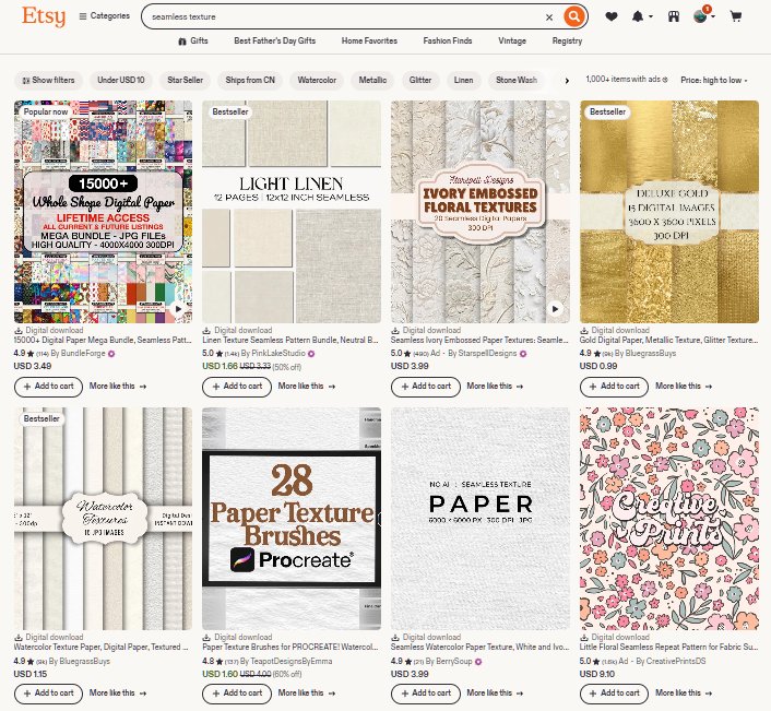 Etsy搜索seamless texture的结果,上千个纹理素材在售,标注Bestseller畅销