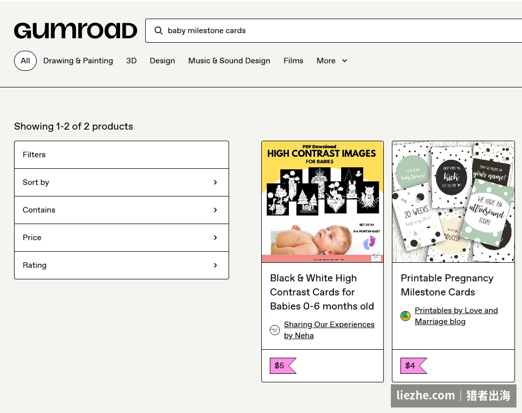 Gumroad上搜索baby milestone cards的结果