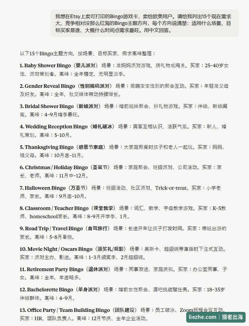 用AI生成15个Bingo选题方向,每条带场景目标买家和需求高峰月份