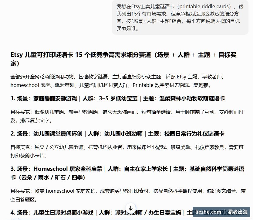 AI生成的15个低竞争高需求谜语卡细分赛道，按场景加人群加主题组合并标注目标买家