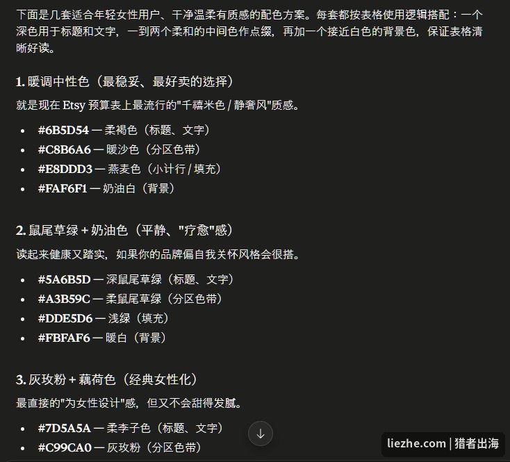 用AI推荐预算表配色方案,直接给出十六进制色号