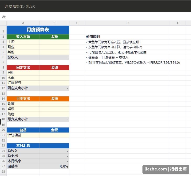按AI给的结构和公式做出来的月度预算表,含使用说明
