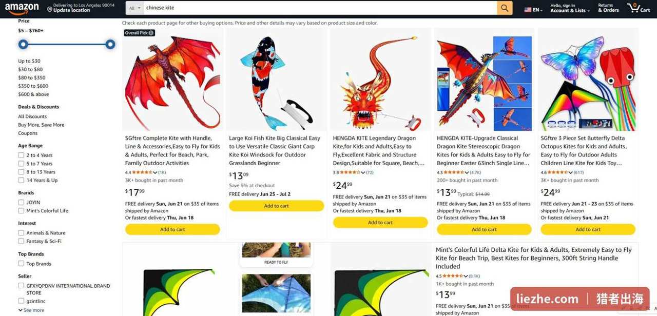 亚马逊chinese kite价格段分布,主流在13-25美金、单月销量上千