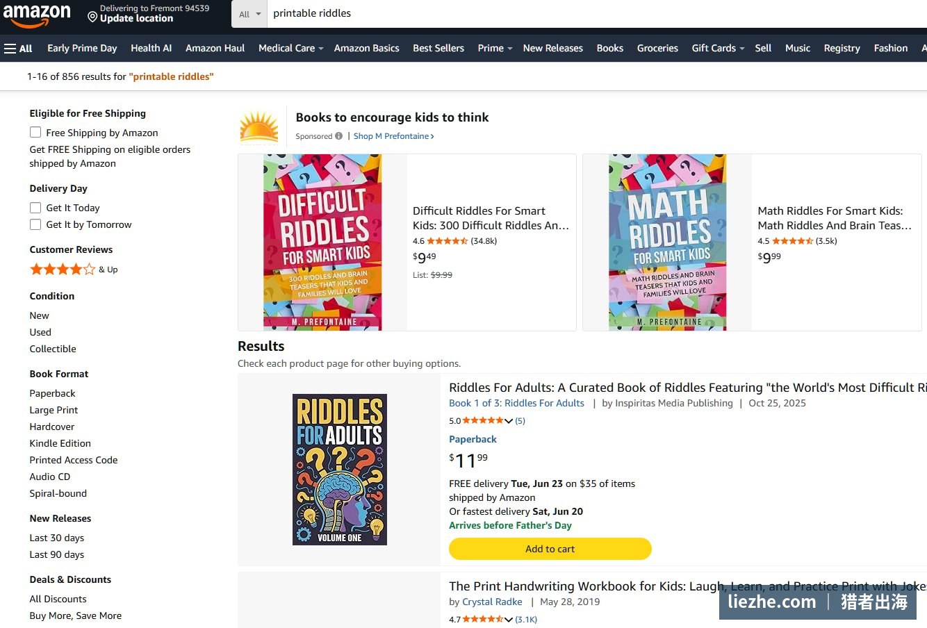 亚马逊上搜索printable riddles出现856个结果，包括各种儿童谜语书和脑筋急转弯书