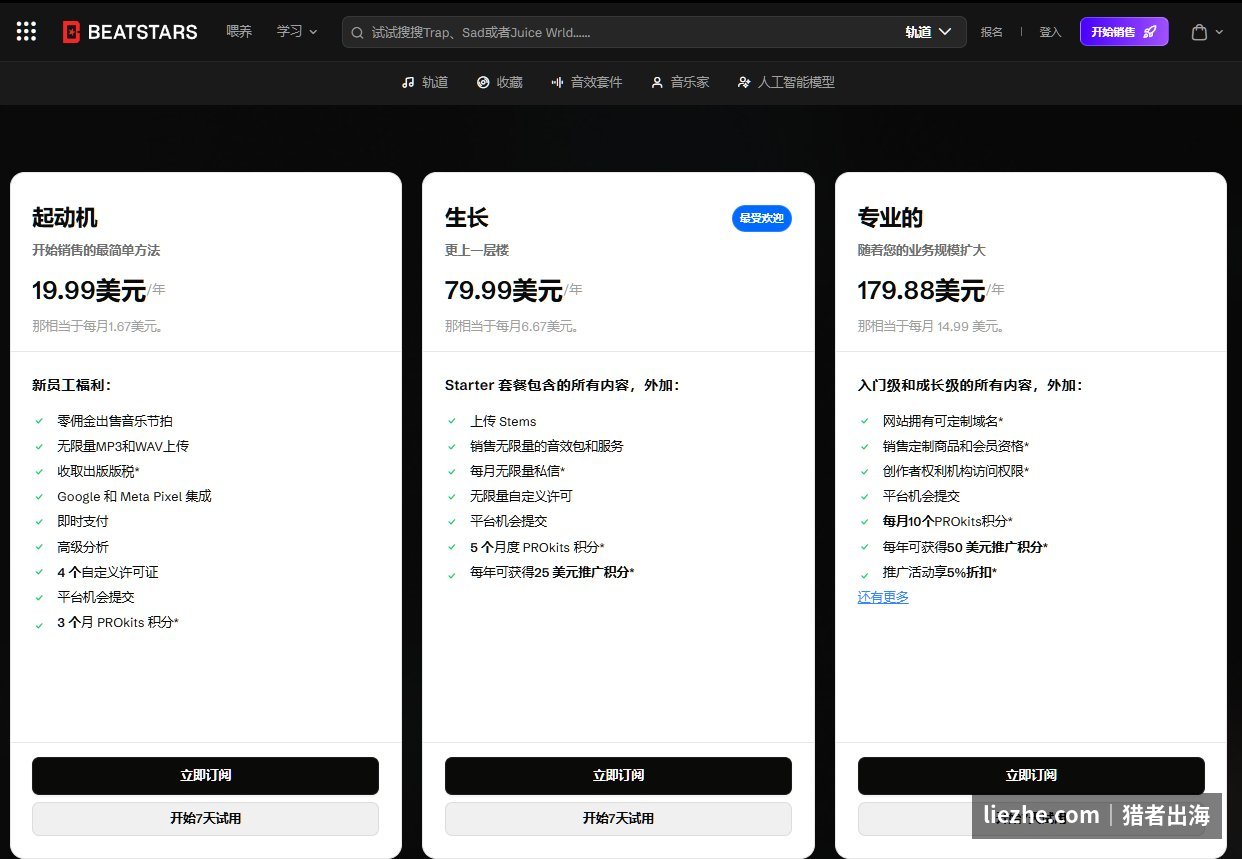 Beatstars三档会员套餐真实价格:起动机、生长、专业版年费对比