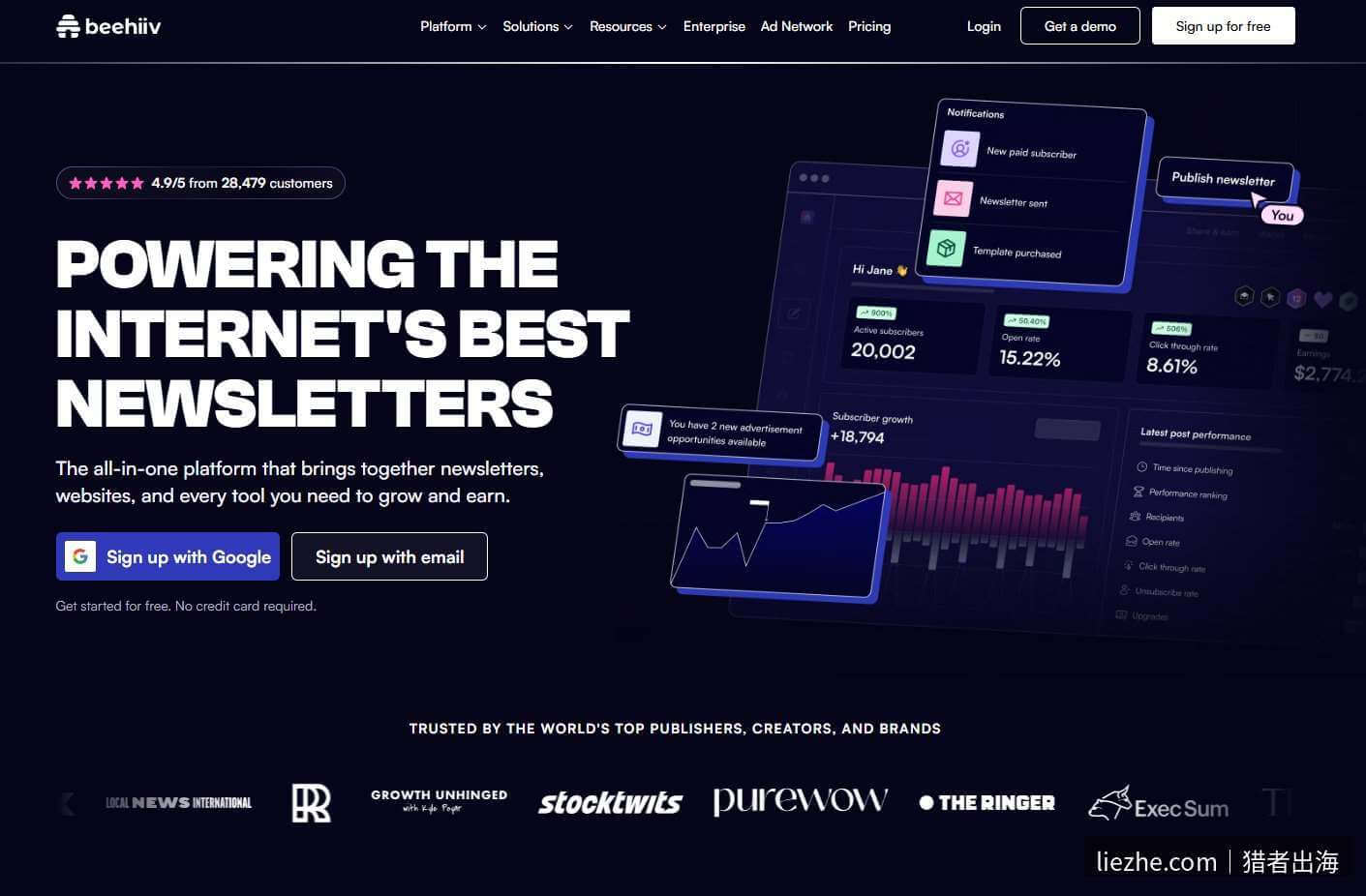 Beehiiv官网首页:powering the internet's best newsletters