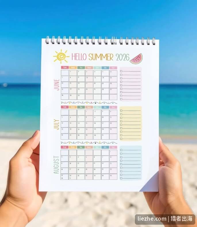 海滩上手持的夏日主题可打印台历 HELLO SUMMER 2026 带每月待办清单