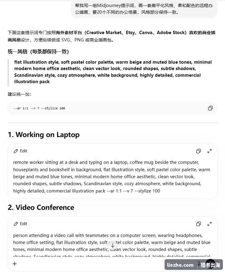 用ChatGPT生成一组风格统一的远程办公Midjourney提示词