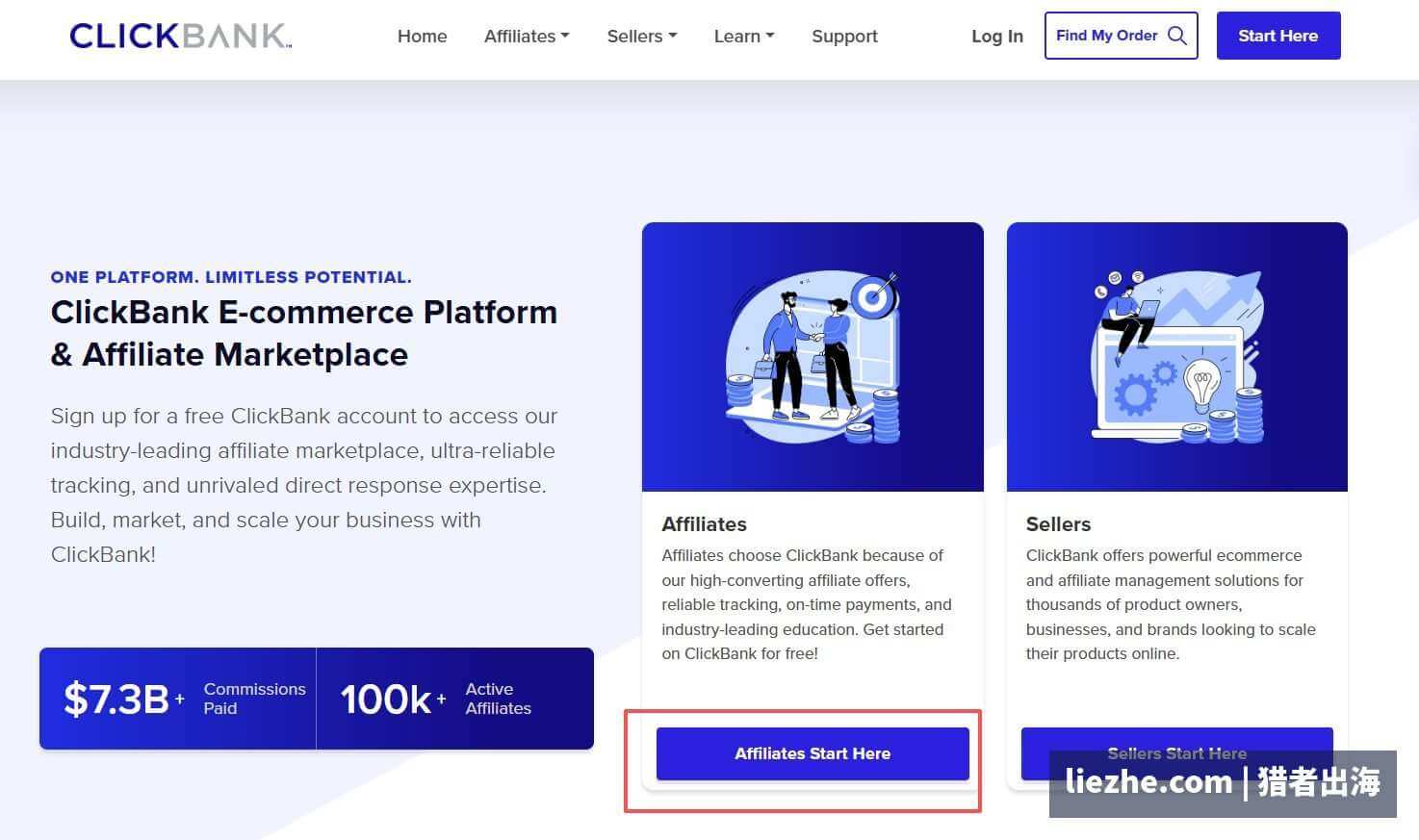 Clickbank官网首页点击Affiliates Start Here进入联盟客注册