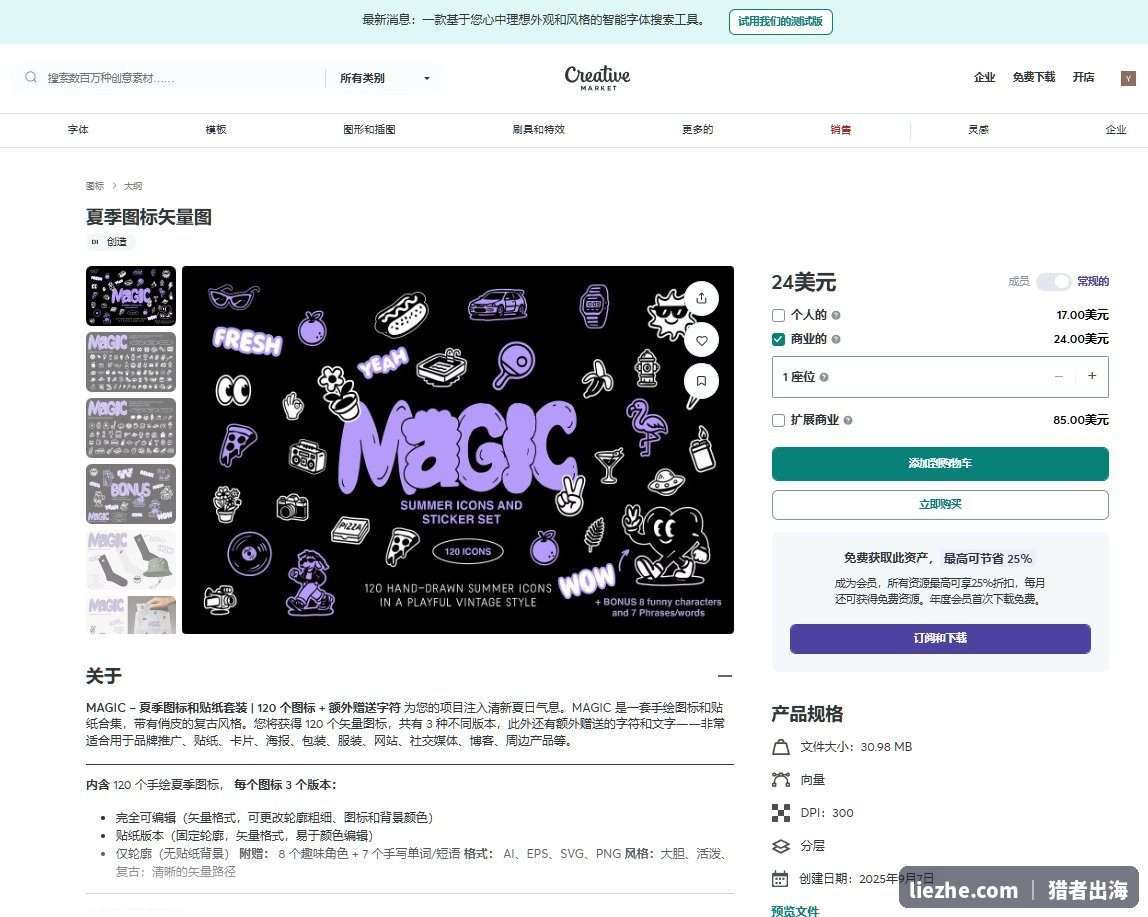 Creative Market夏季图标插画包商品页定价个人17美元商用24美元