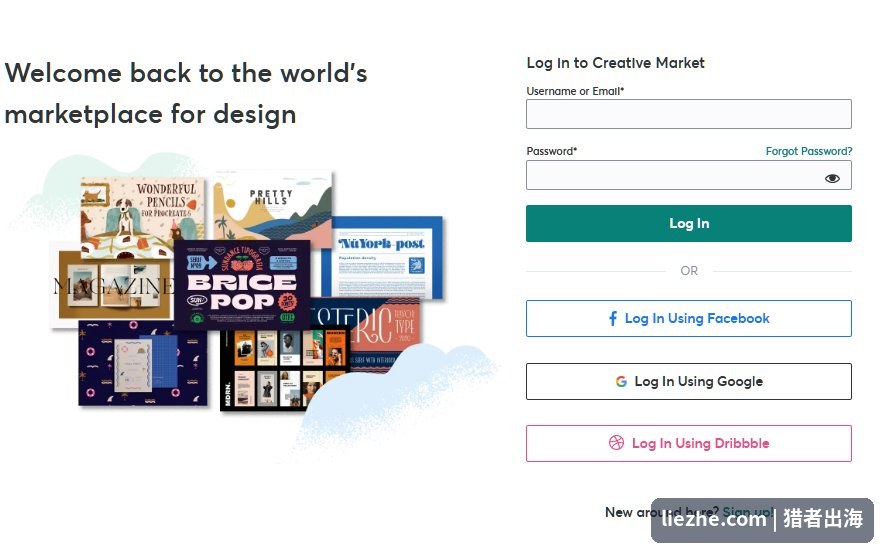 Creative Market登录注册页面，支持邮箱、Google、Dribbble登录