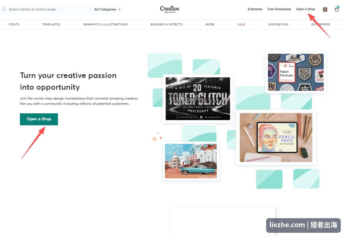Creative Market开店入口Open a Shop页面，把创意变成机会