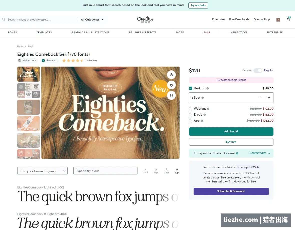Creative Market字体商品页的桌面、网页、电子出版、应用程序多档授权和定价