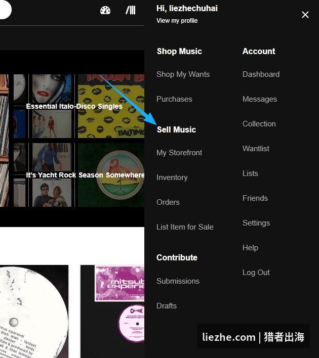 Discogs顶部菜单Sell Music卖家功能入口