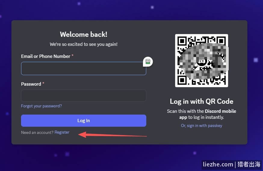 Discord注册登录页面，点击Register注册账号