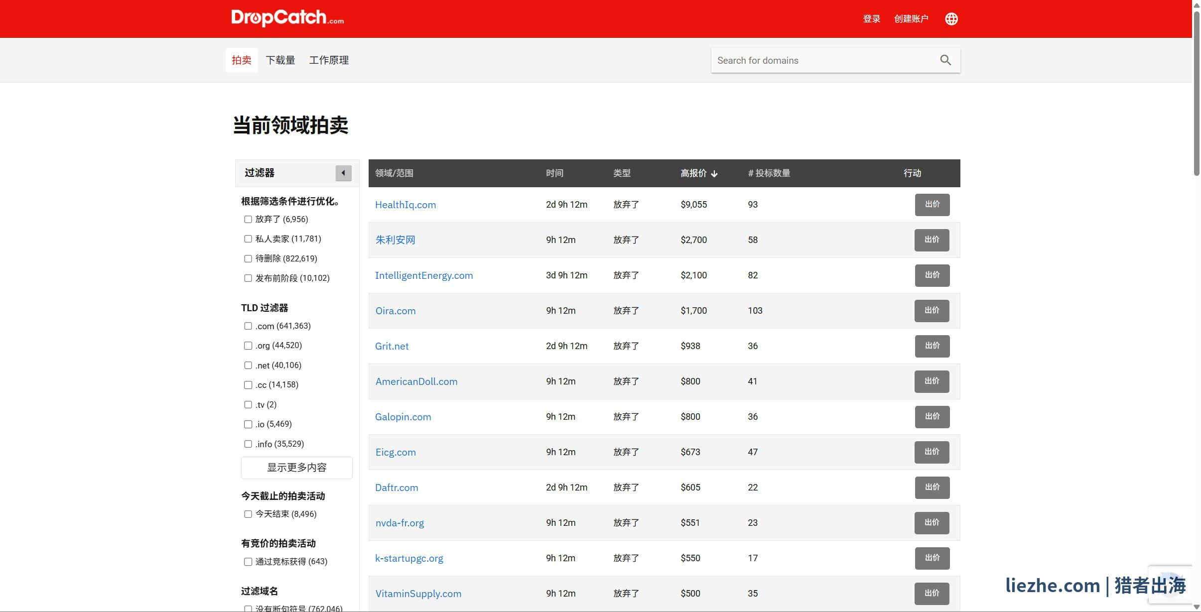 DropCatch过期域名拍卖列表界面