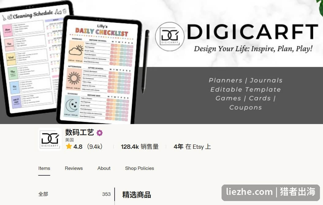 Etsy店铺DIGICARFT主页 4.8星9.4k评价 12.84万销售量 在Etsy上4年