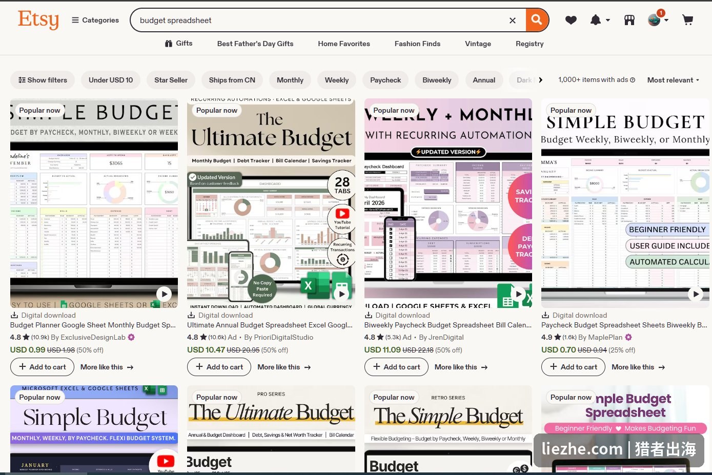 Etsy搜索budget spreadsheet的结果页,大量预算表在售
