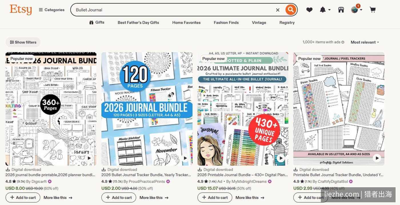 Etsy搜索Bullet Journal的结果页,展示子弹笔记模板的市场竞争情况