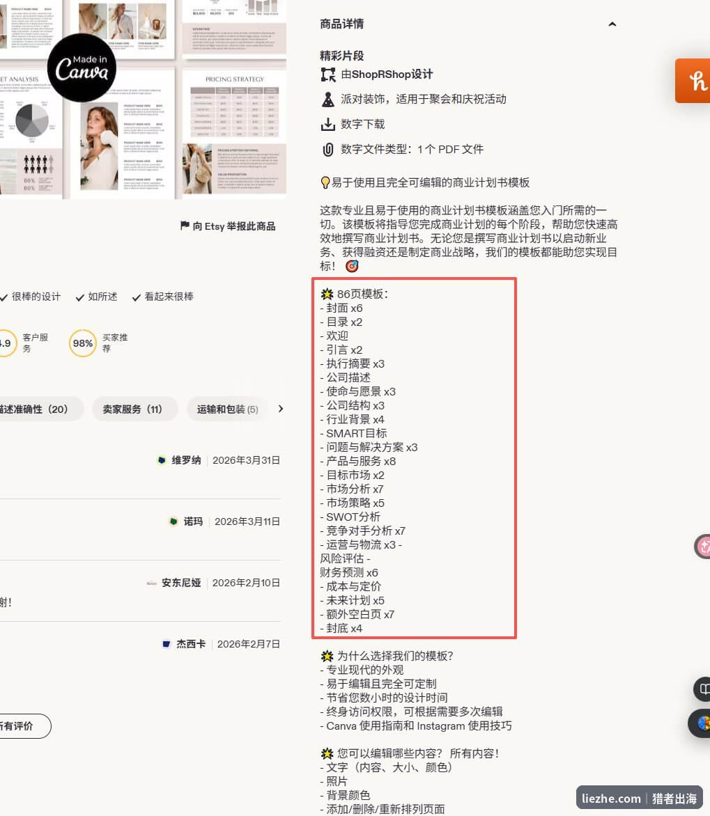 Etsy商业计划书模板商品详情,86页模板章节清单:执行摘要、市场分析、SWOT、财务预测