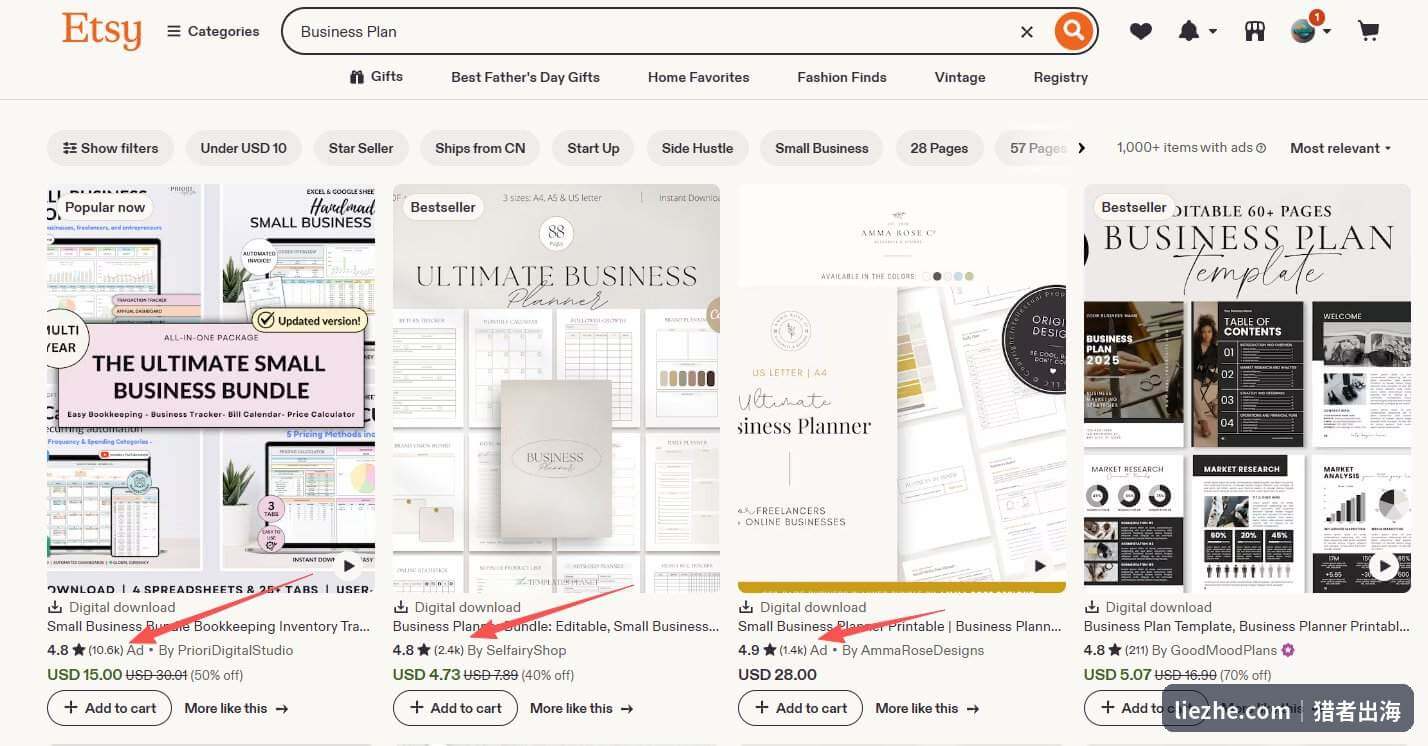 Etsy搜索Business Plan的数字产品列表,多个商业计划书模板标注畅销和上万条评价