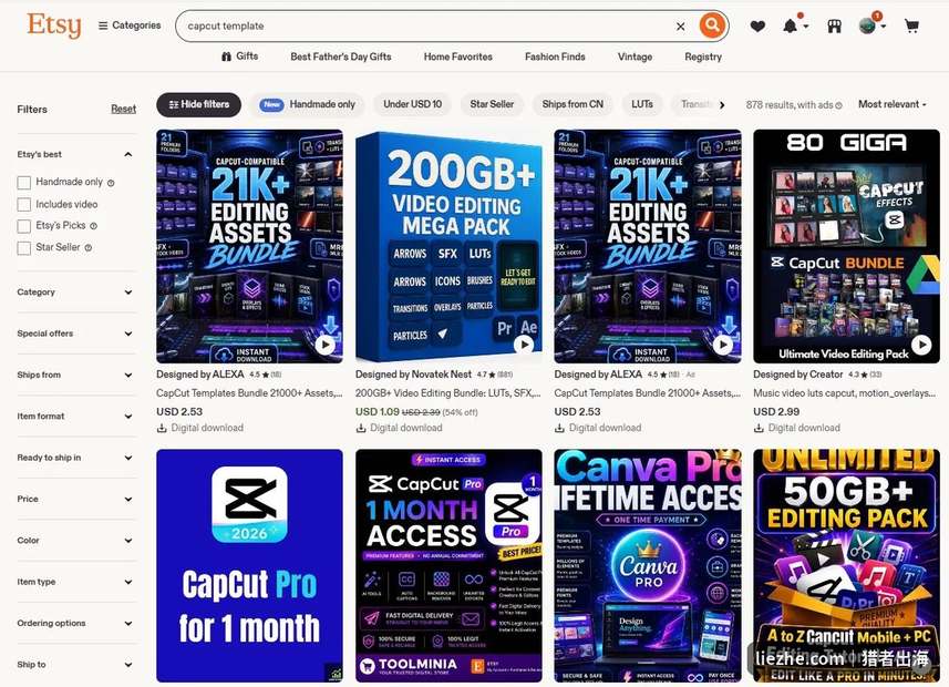 Etsy搜索capcut template的结果,878个商品多为数字下载