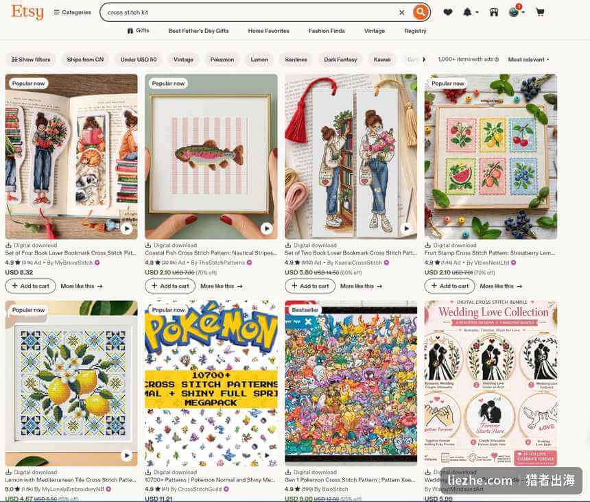 Etsy上cross stitch kit搜索结果页,十字绣套件和图纸的售价销量一目了然