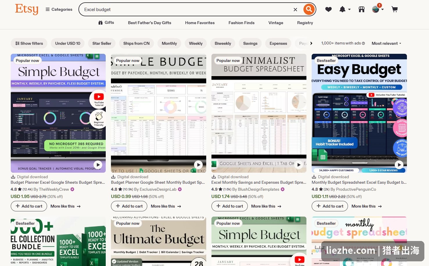 Etsy搜索Excel budget的结果页