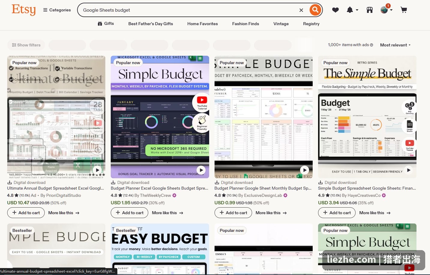 Etsy搜索Google Sheets budget的结果页