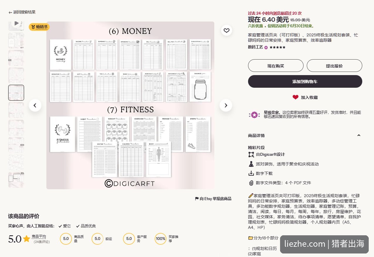 Etsy爆款家庭事务手册的Money财务分区和Fitness健康分区页面展示