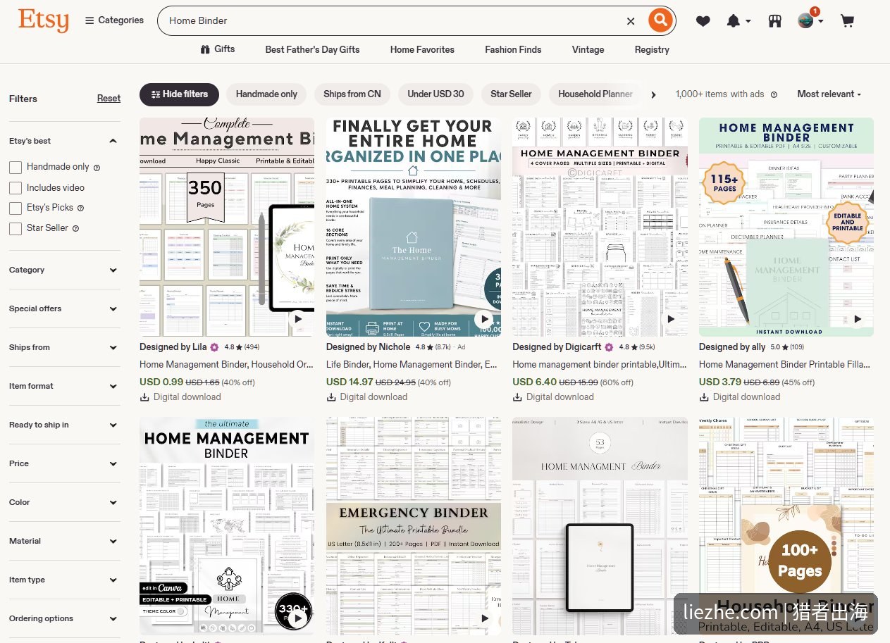 Etsy搜索Home Binder的结果页，1000多个家庭事务手册数字产品在售