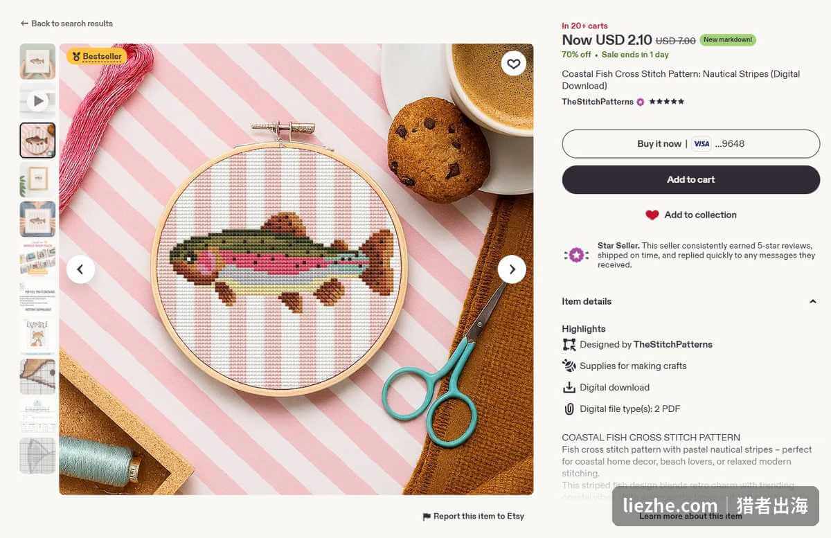Etsy十字绣listing场景化产品主图示例,Bestseller标和20多人加购