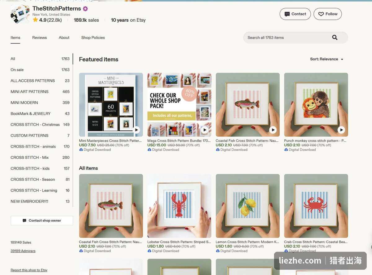 Etsy上专卖十字绣PDF图纸的店铺,10年累计销量18.9万单
